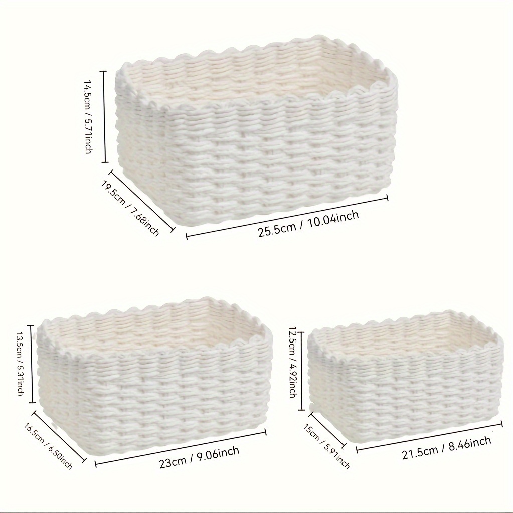E-shop 3-teiliges Set aus weißen Papierfäden, Aufbewahrungskorb, stapelbare handgewebte Kosmetik-Aufbewahrungsbox, Mehrzweck-Einkaufskorb im