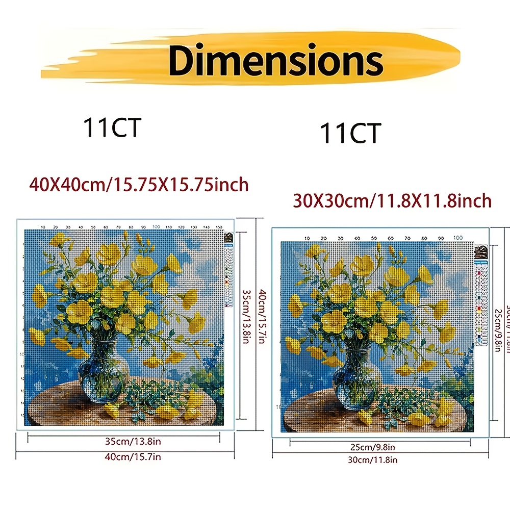 DIY Cross-Stitch Printed Kit, Frameless Yellow Flowers in Vase