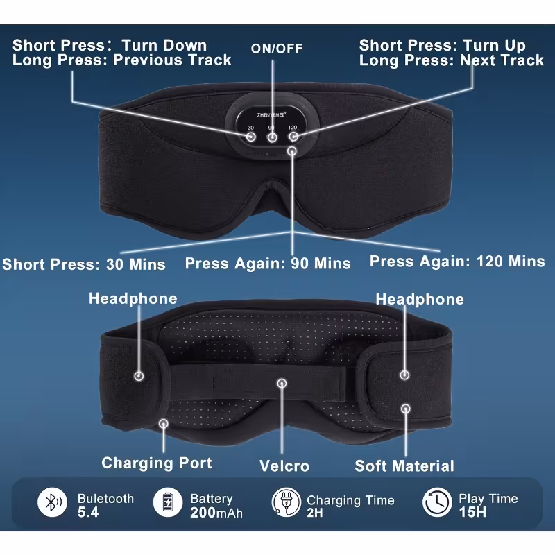 wireless sleep mask 100 blocking 3d contoured eye mask 38 white noise tracks sleep music with auto shut off breathable pressure ideal for side sleepers travel unisex gift for men and women Product details 1