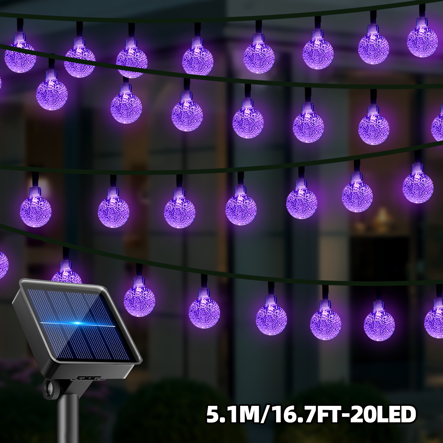 TEMU Solar Bubble Ball Light String, 100/50/20 Led, 39.04/22.64/16.08ft Halloween Decorative Light, Solar Panels, 8 Lighting , Ip65, For Courtyard,