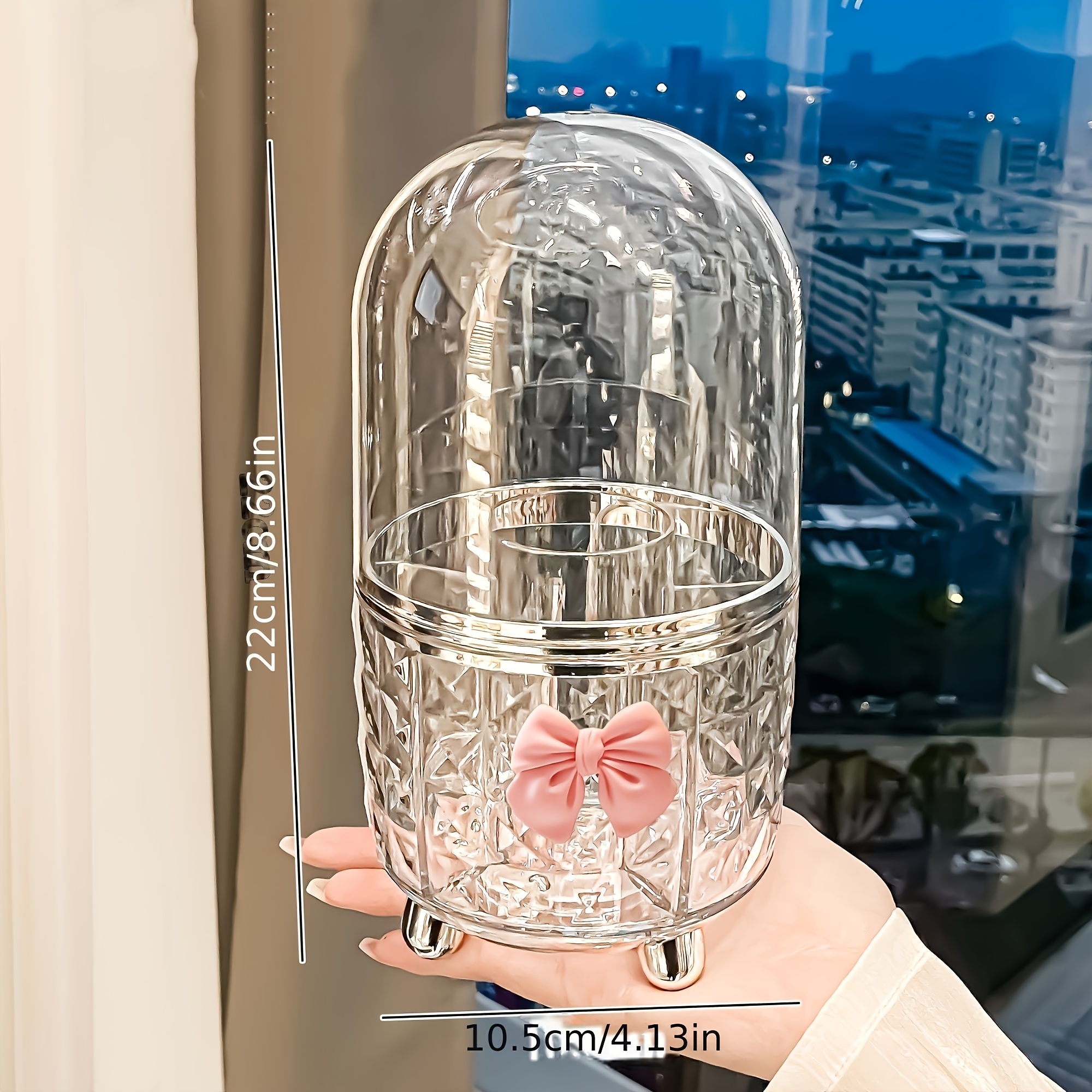 360 degree rotating makeup organizer with clear lid bathroom vanity organizer space saving countertop storage for makeup brushes lipstick eyeliner no power needed durable plastic construction   home or decorative bow accent sturdy brush holder beauty enthusiasts Product details 2