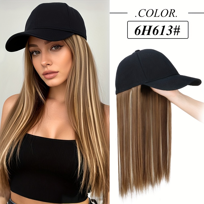 TEMU Synthetic Hat Wig With Long Straight Black Hair Baseball Hair Extension Stylish Convenient Design For Women