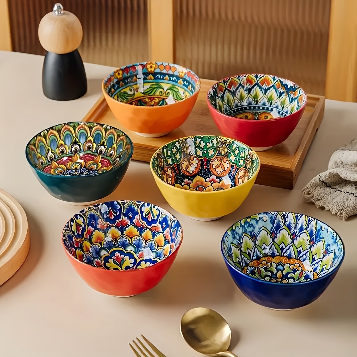 TEMU 6pcs Bohemian Ceramic Bowl Set, Colorful Mediterranean-style Tableware With Mandala And , Suitable For Use . Round Soup Bowls, Dessert Bowls,