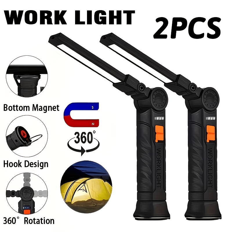 TEMU 1/2 pièces de puissantes lampes de poche LED avec base magnétique et crochet, lampe de travail, rechargeable par USB, avec 4 modes, adaptée pour