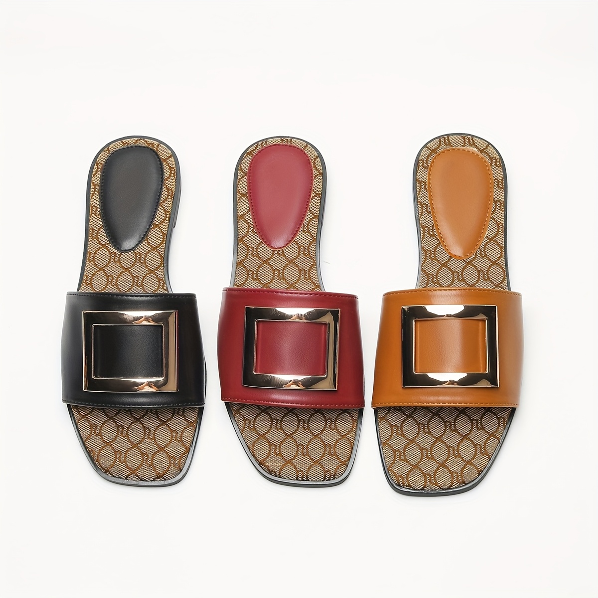 Vintage Square Toe Slides for Women - All-Season Slip-On Flat Heel Sandals with Ankle-Strap, Fashionable Casual Beach Open-Toe Slides with Square Buckle Detail, Man-Made Materials & TPR Sole