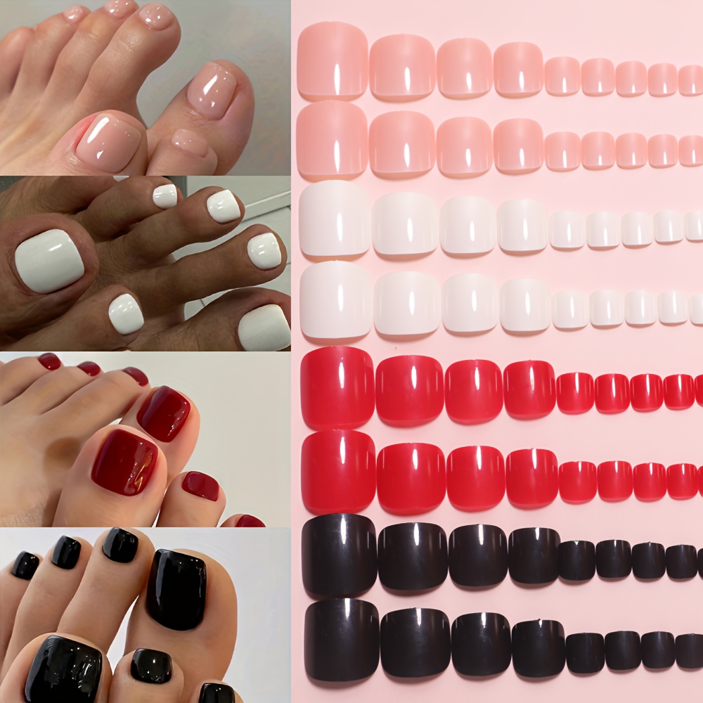 

96pcs Press-on Toenail Set - Short Square, Full Coverage False Nails In Black, Fair, For Women And Girls - Easy To Apply, & Long-, Nail Accessories, Toenails Set