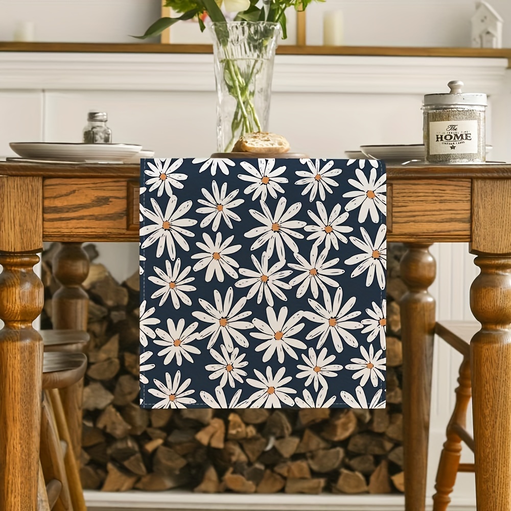 1枚 ネイビーブルー デイジーフラワー 夏用テーブルランナー 春秋季節