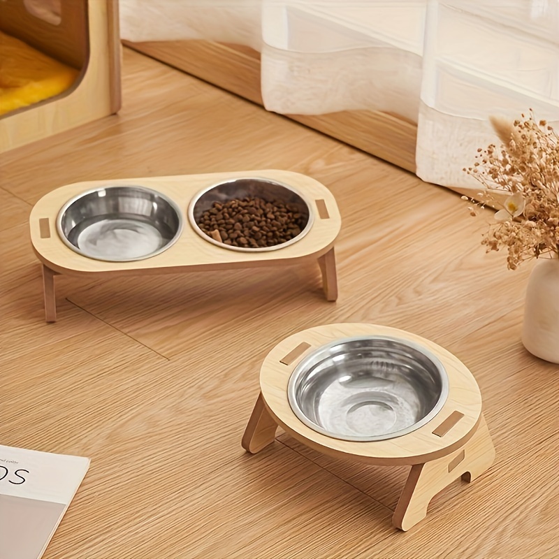 

Elevated Cat Feeder Stand With Stainless Steel Bowls - Raised Wooden Tilted Design For Neck Protection, Pet Dish Holder