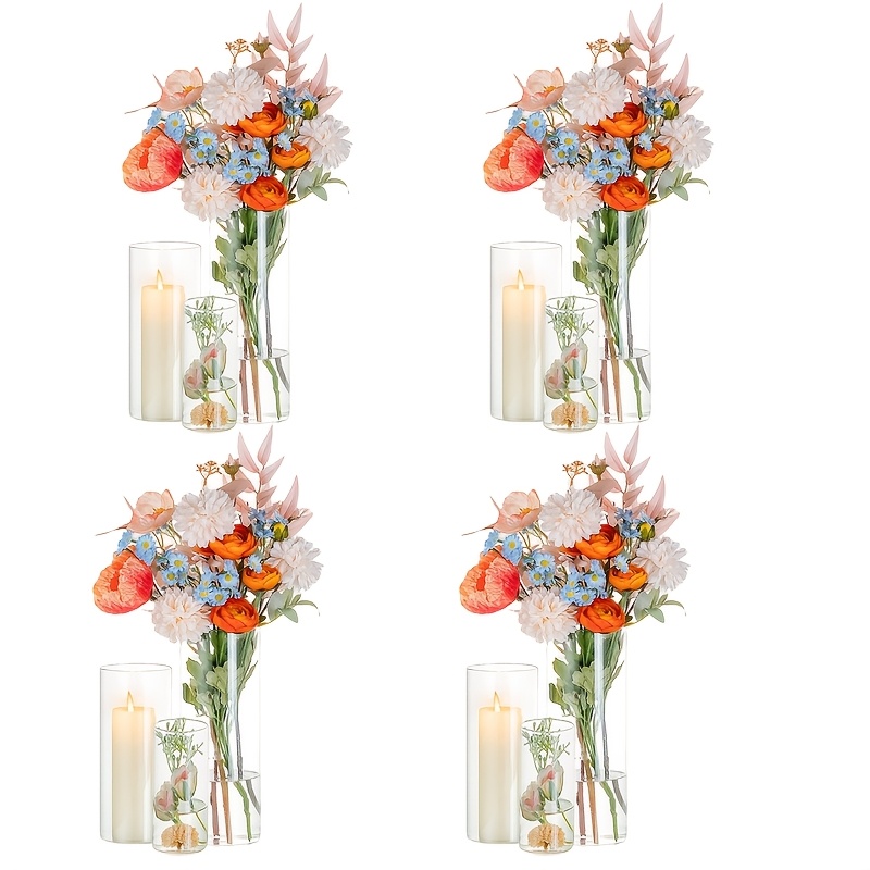 E-shop 12er Set Glas Zylinder Vasen, Hochtransparente Blumenvasen, Schwebende Kerzenhalter, Winddichte Glas Kerzenhalter, Hochtransparente