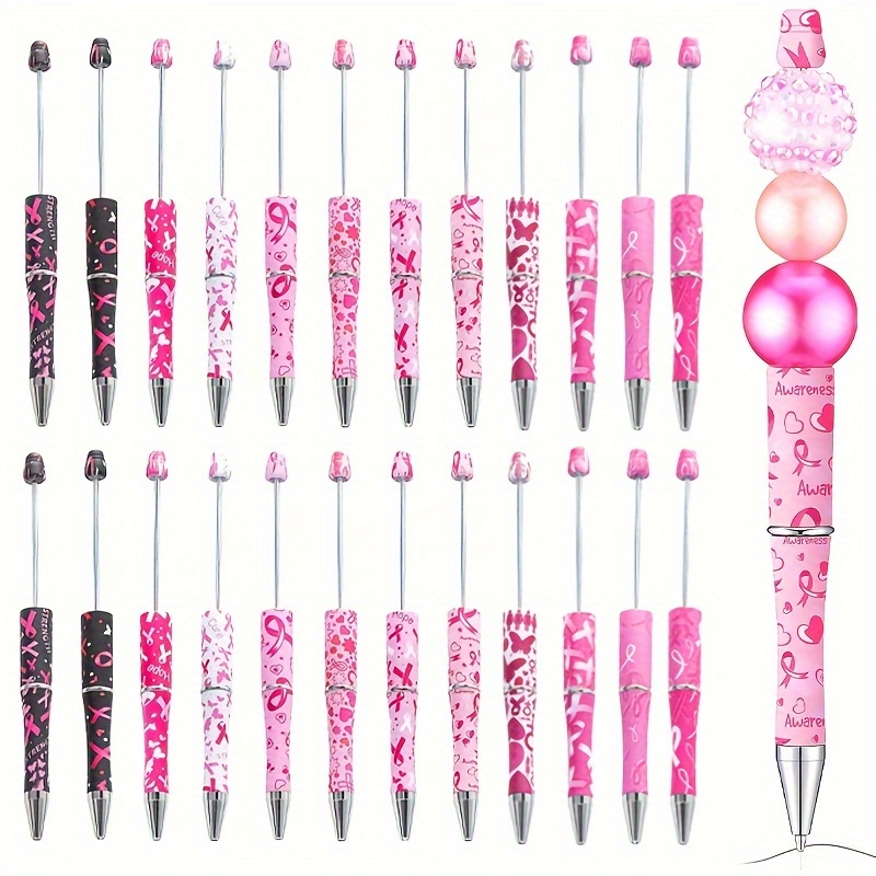 

24pcs Assorted Silk Ribbon Print Plastic Bead Pens Bulk Pink Beadable Ballpoint Pens With Black Ink For Diy Making Back-to-school Gift School Office Supplies