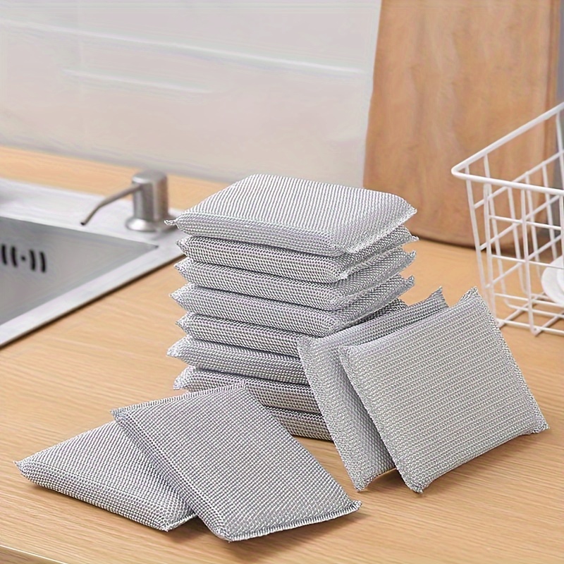 

12pcs/8pcs/4pcs Kitchen Cleaning High Density Silver Silk Sponge Scrub Sponge Magic Sponge Scrub Brush Double-sided Sponge Dishwashing Universal Abrasive Cleaning Sponge