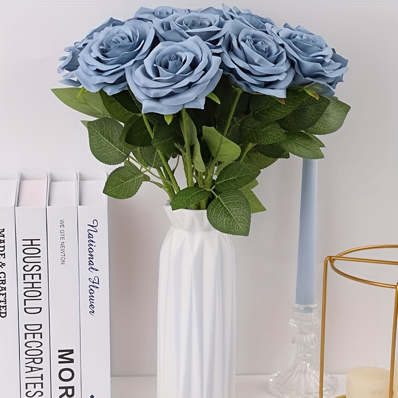 

Set Of 5 Artificial Grey-blue Long-stem Roses With Realistic Large Leaves, Fabric Material, Elegant Floral Decor For Home