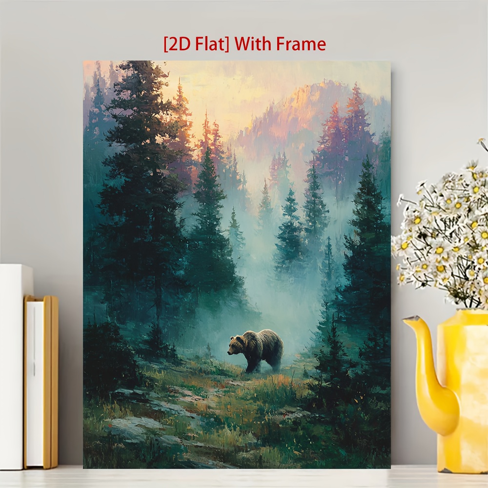2d flat, 2d flat, 2d flat  ., [2d flat] gerahmt, 12x16 zoll, brauner graubär in einem nebeligen wald leinwand druck, bär kunstwerk,   dekoration, rustikale   wandkunst, tierkunstwerk, wandkunst-821fon14528