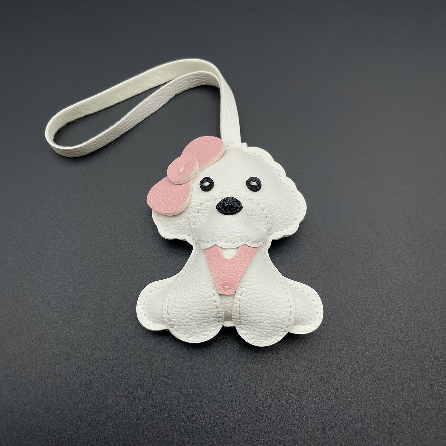 TEMU Bowknot Bichon Frise Puppy Pu Keychain, Cute White Puppy Bag Charm Keyring, Car Accessory, Best Friend Birthday Gift