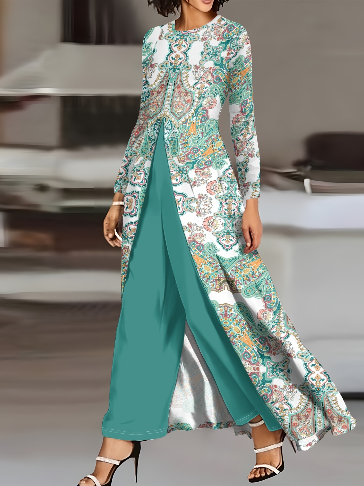 Women'S Bohemian Long Sleeve Jumpsuit Vibrant Floral Geometric Print,  High-Low Hem, Wide Leg Pants, White Teal