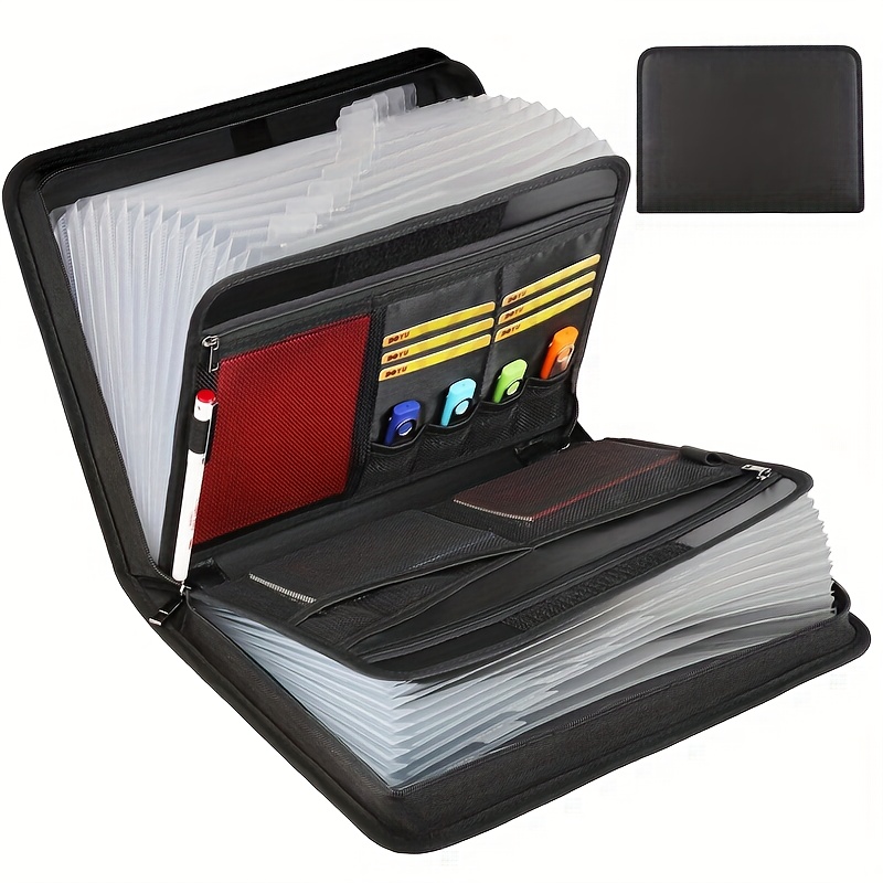 Extended File Bag - A4 Folder With Multiple Compartments - Fireproof And File Bag With Zipper And Label - Suitable For A4 Documents, Etc. (black, 26 Compartments Transparent Folding)