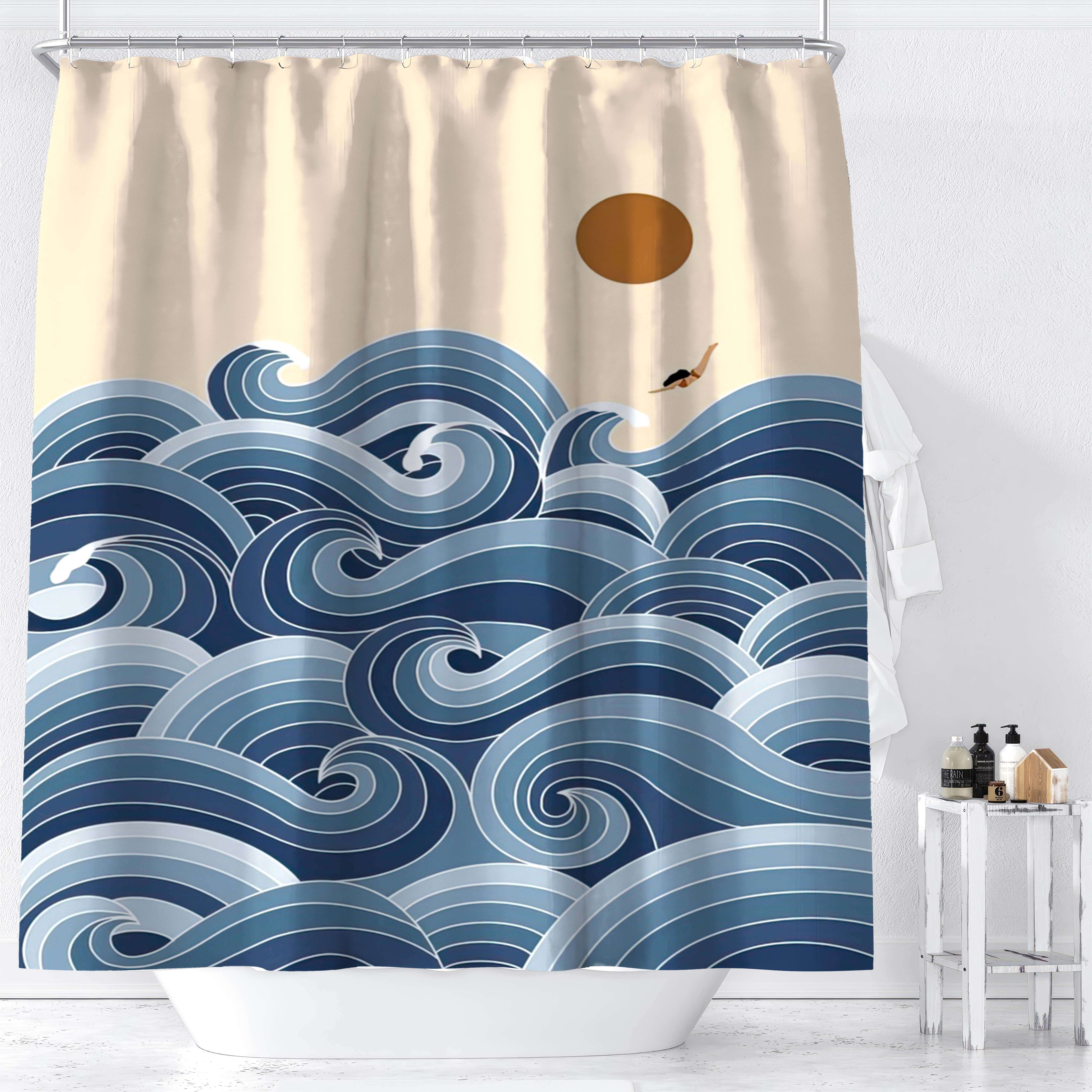 

1pc, Ocean Waves Design Shower Curtain, Blue Wave Pattern Digital Print, Waterproof Bathroom Decor, 180x180cm/70.87x70.87inch, With Hooks For Home And Hotel Use