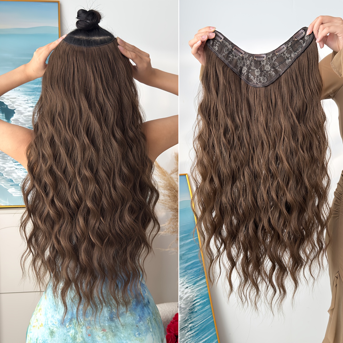 TEMU Estensioni per capelli a clip a forma di V sfumate, lunghezza 24 pollici, ad acqua, in fibra termoresistente, per donna, per feste e uso