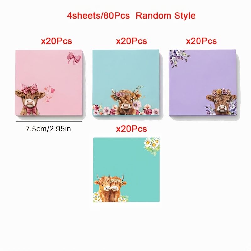 E-shop 80 Stück/4er-Pack Highland Kuh Haftnotizen Set, Zufälliger Stil, Niedliche Selbstklebende Notizblöcke, Kawaii Tierdesign Schreibwaren für Büro