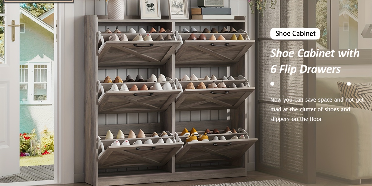 Washed Gray Shoe Storage Cabinet with 6 Flip Drawers | Narrow Freestanding Shoe Cabinet and Shoe Storage Organizer with Metal Handles for Entryway, Large Shoe Rack Organizer, Modern Farmhouse Style, Ideal for Shoe Racks, Made of Particle Board