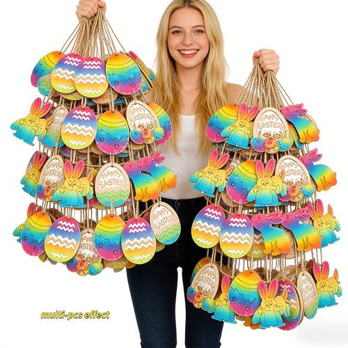 40pcs deluxe set high scoring easter wooden rabbit and egg shaped blank wooden ornaments 20 wood pieces and 20 strings diy easter hanging decorations easter photography party decorations