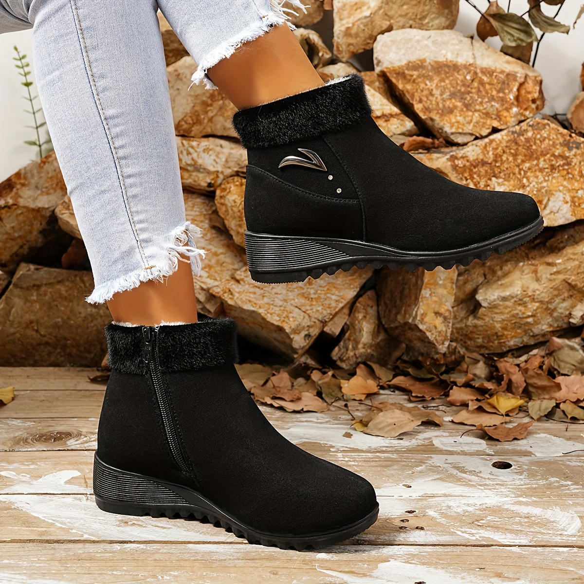 a pair of black casual versatile moms faux fur british style 2025 autumn winter boots ins trendy zipper flat short ankle shoes seasonal fashion cold   stylish ankle boots trendy boots cozy footwear soft fabric lining chunky heel boots womens boots winter wardrobe stylish moms 2