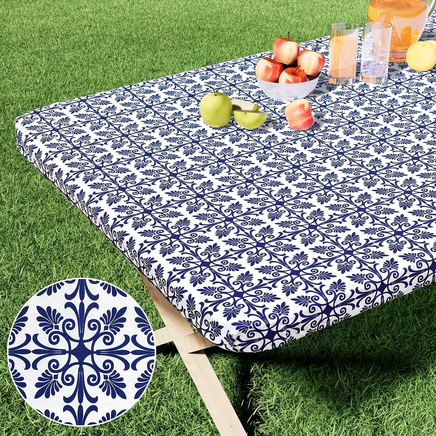 

1pc Waterproof & Dustproof Vinyl Table Cover - Easy Clean, Wipeable Flannel Outdoor Table Protector For Patio, Yard, Picnic, Bbq | Elastic Fit
