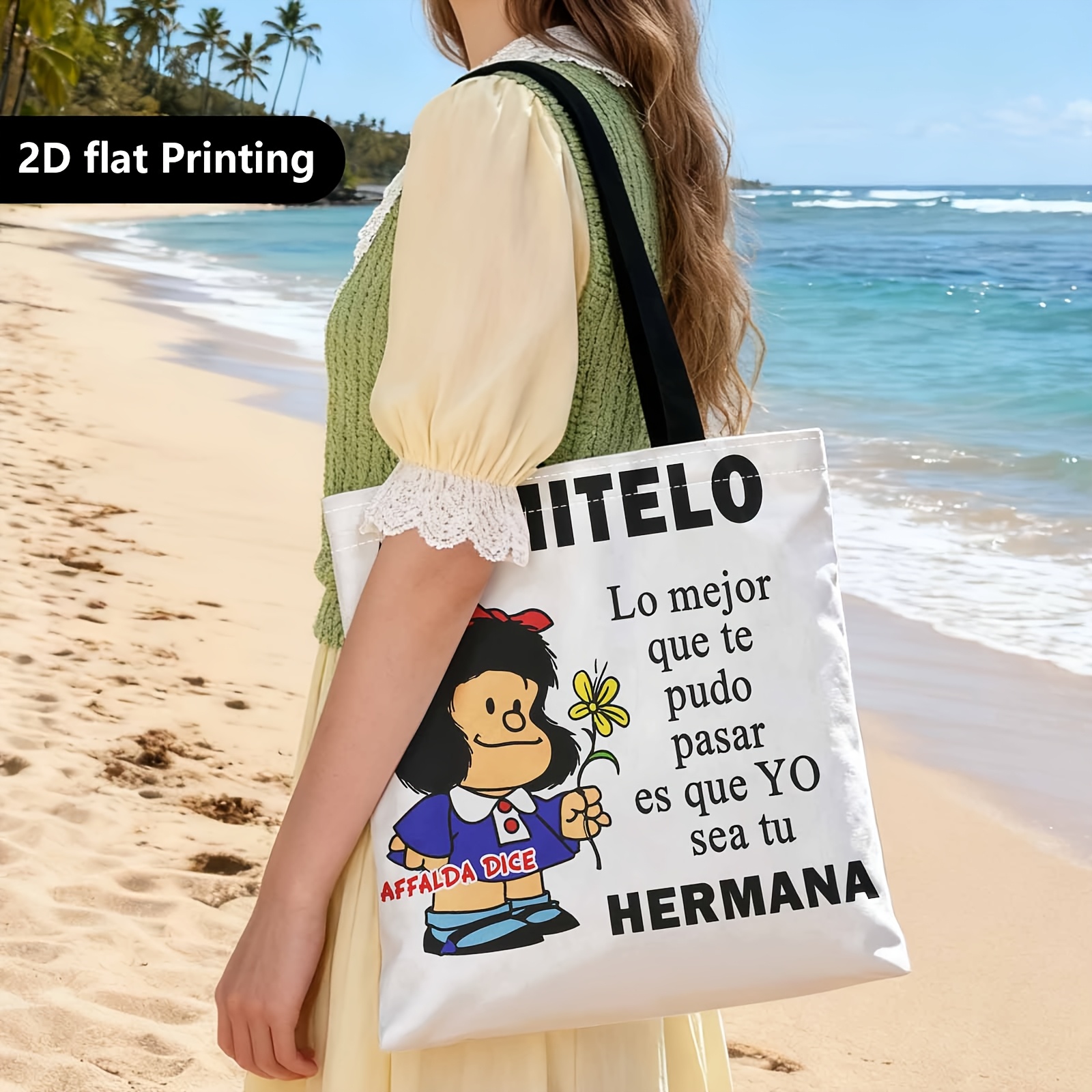 TEMU Bolso de compras lindo con flor amarilla y mensaje de - Bolso de / casual ideal para viajes, almacenamiento de cosméticos, regalos - Bolso para
