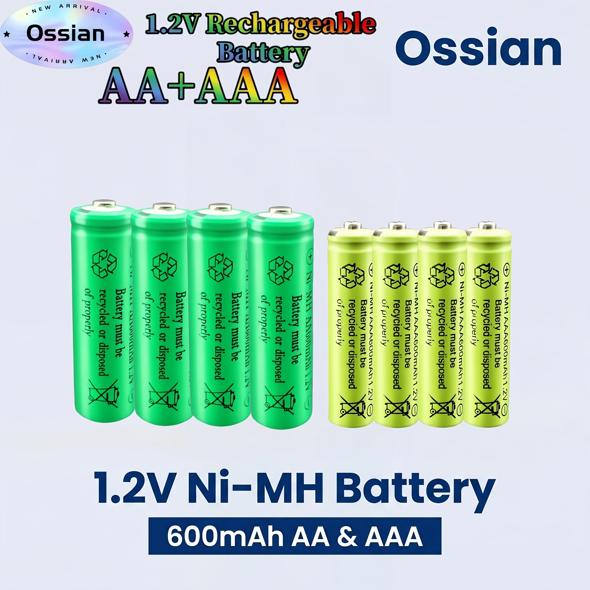 TEMU Ossian 8-pack (4AA600+4AAA600), 1.2V Ni-MH oplaadbare batterijen AA 600mAh & AAA 600mAh, vervangingsbatterijen voor meer dan 1000 oplaadbeurten