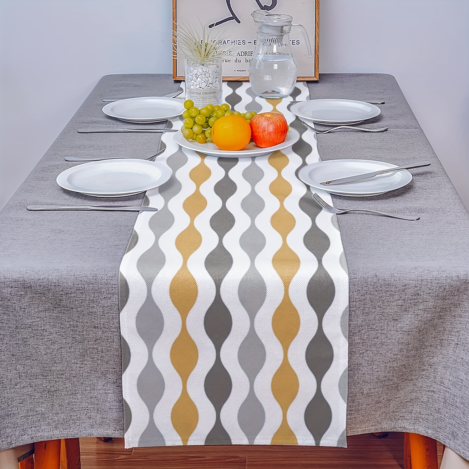

1pc, Linen Table Runner, Mid-century Modern Geometric Yellow & Gray Pattern, Washable, Dresser Scarf, Fabric Table Decor For Farmhouse Home Kitchen, Wedding Party Decor