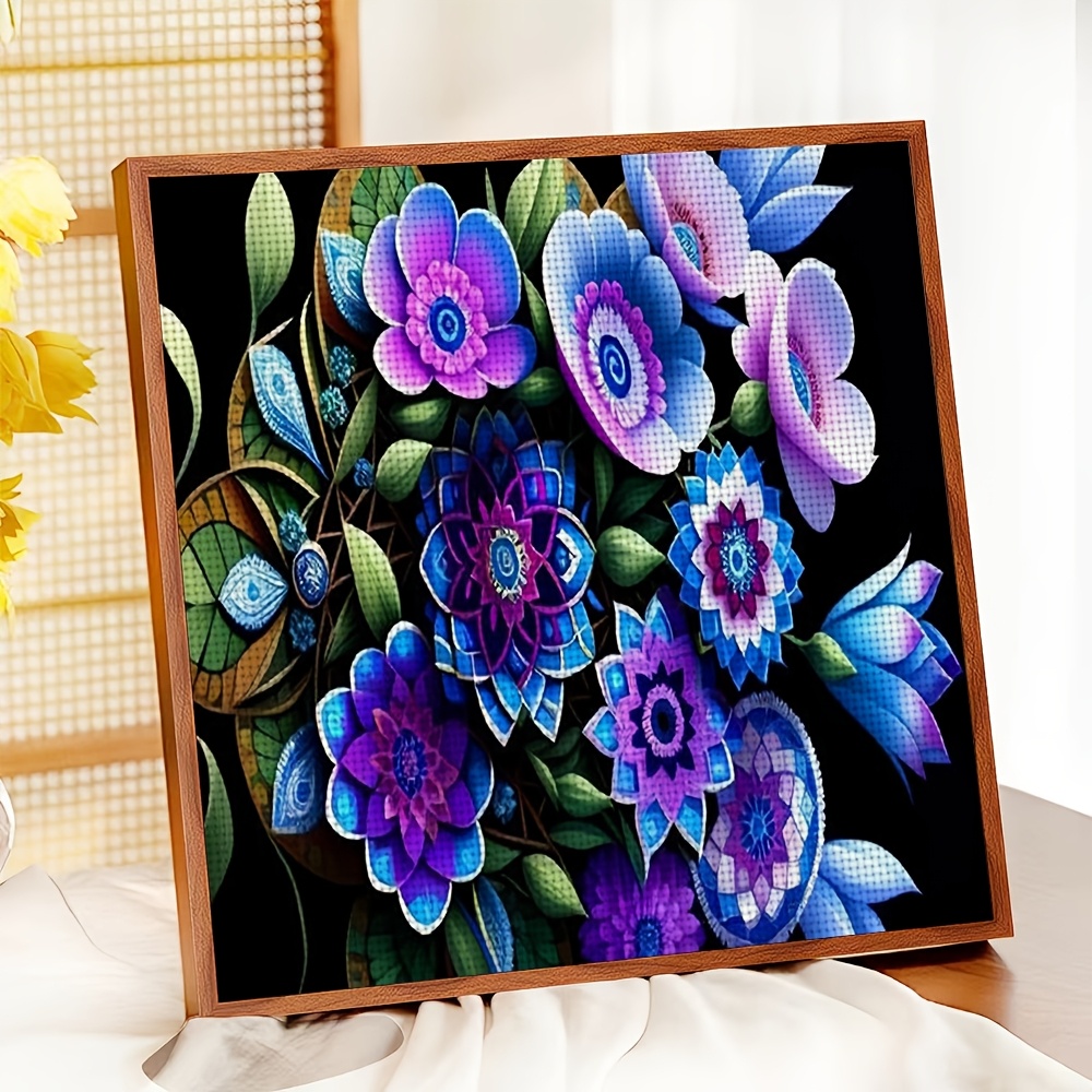 Frameless DIY Cross-Stitch Printed Kit, Blue-Purple Art Floral Pattern