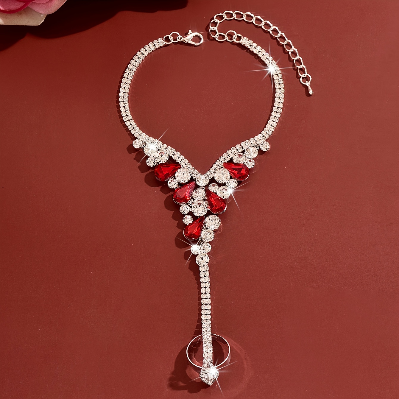 1 pç Pulseira de Corrente para as Costas da Mão Feminina, com Anel e Cristais Verdes em Forma de Lágrima, Cobre com Incrustações de Cristais, Ideal para Casamentos, Jantares de Gala e Bailes 9