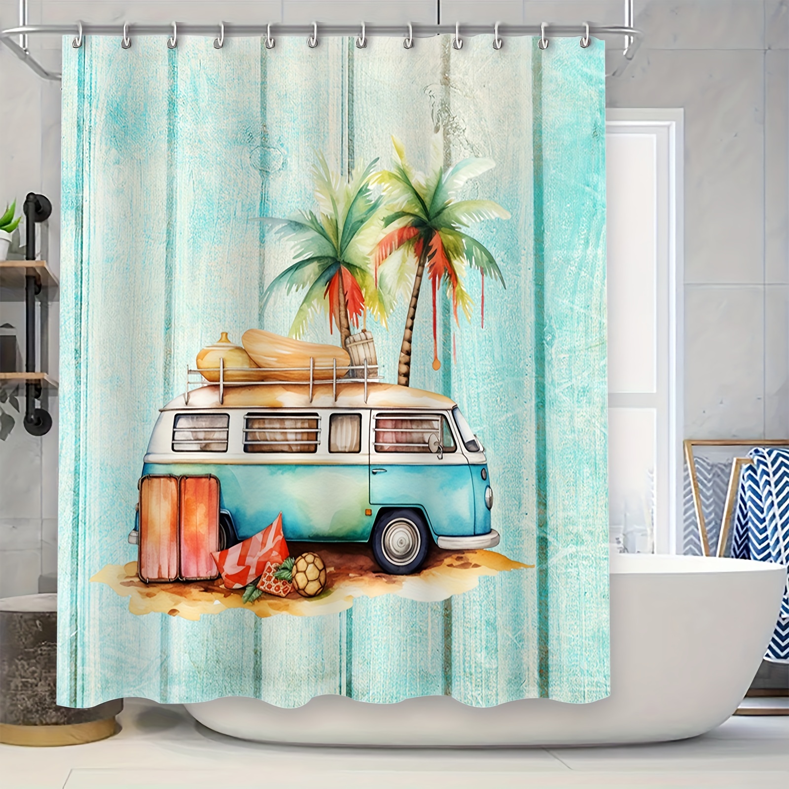 

1pc Seaside Camping Car Pattern Shower Curtain, Waterproof Shower Curtain With Hooks, Bathroom Partition, Bathroom Accessories, Home Decor