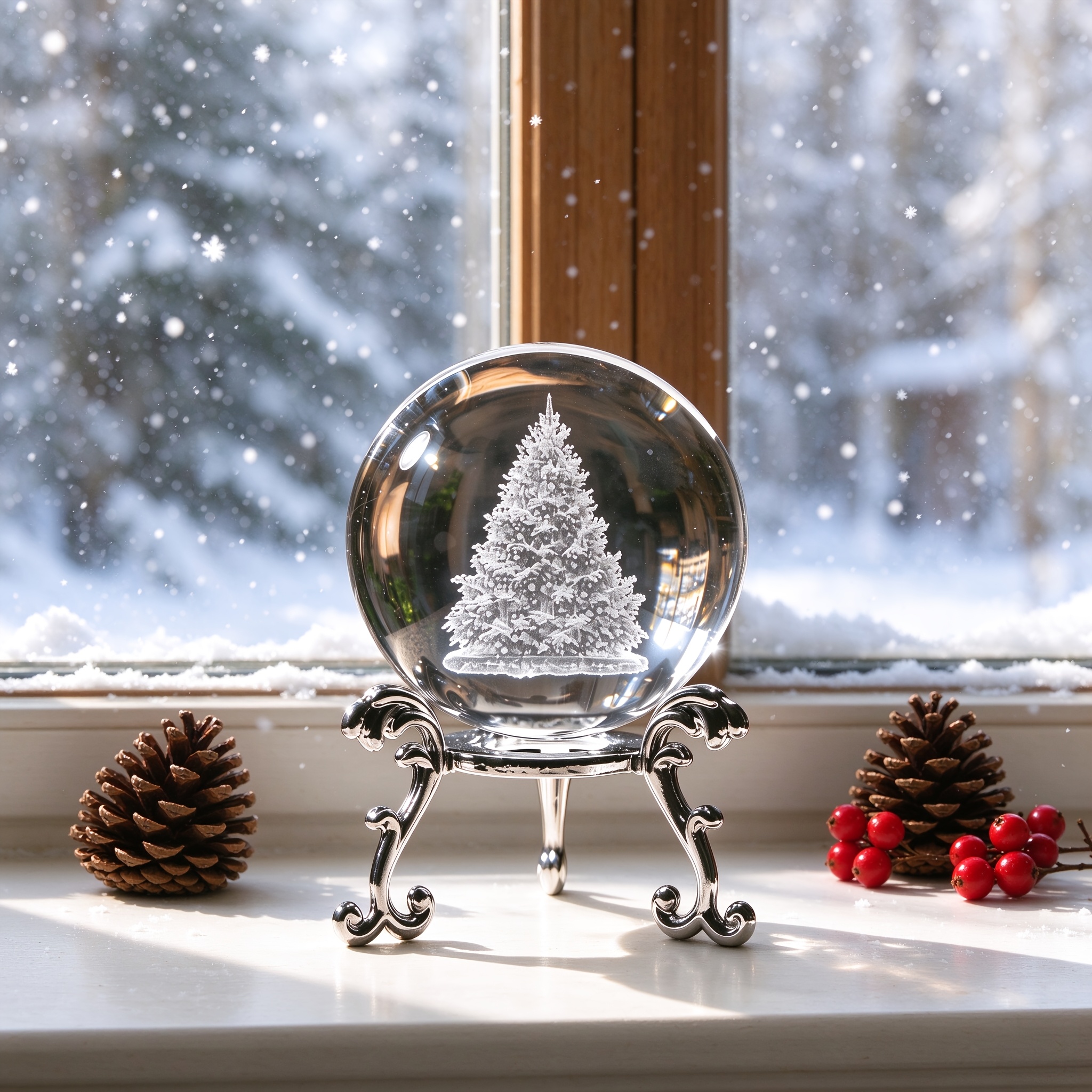 TEMU 3d Interior Carving Christmas Tree Crystal Ball Ornament With Metal Stand, Festive Decor And Holiday Gift