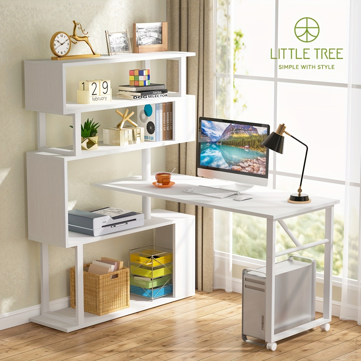 

Little Tree Computer Desk With 5 Shelves Bookshelf, Modern L-shaped With Storage, Reversible Office Desk Study Table Writing Desk On Wheels For Home Office