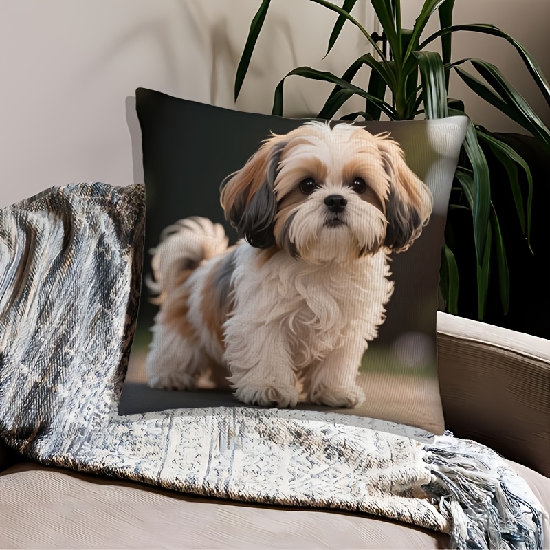 TEMU 1pc Cute Shih Tzu Printed Pillowcase, Dog Pattern Cushion Cover, Zipper Closure, Machine Washable, Suitable For Living Room Sofa, Office, Car,