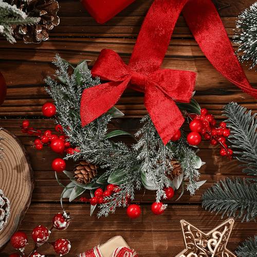 3 6pcs artificial christmas wreath artificial pine needle wreath mini christmas wreath with red velvet bow artificial pine needle ornament suitable for cabinet doors kitchen windowsill decoration halloween