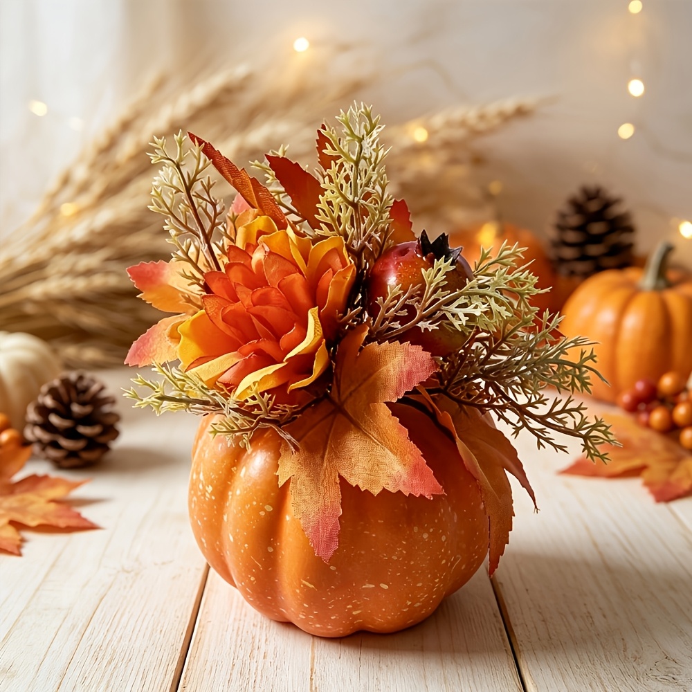 TEMU Harvest Thanksgiving Autumn Artificial Flower And Pumpkin Decoration, Artificial Pumpkin With Flowers, Fake Foam Pumpkin, Autumn Faux Pumpkin