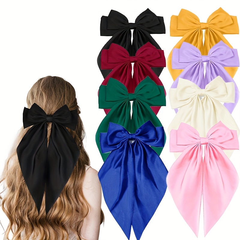 

Boho Fabric Bow Hair Clips, 8pcs Satin Butterfly Knot Ribbon Ponytail Holders, Vintage Style Solid Color Hair Accessories For Women