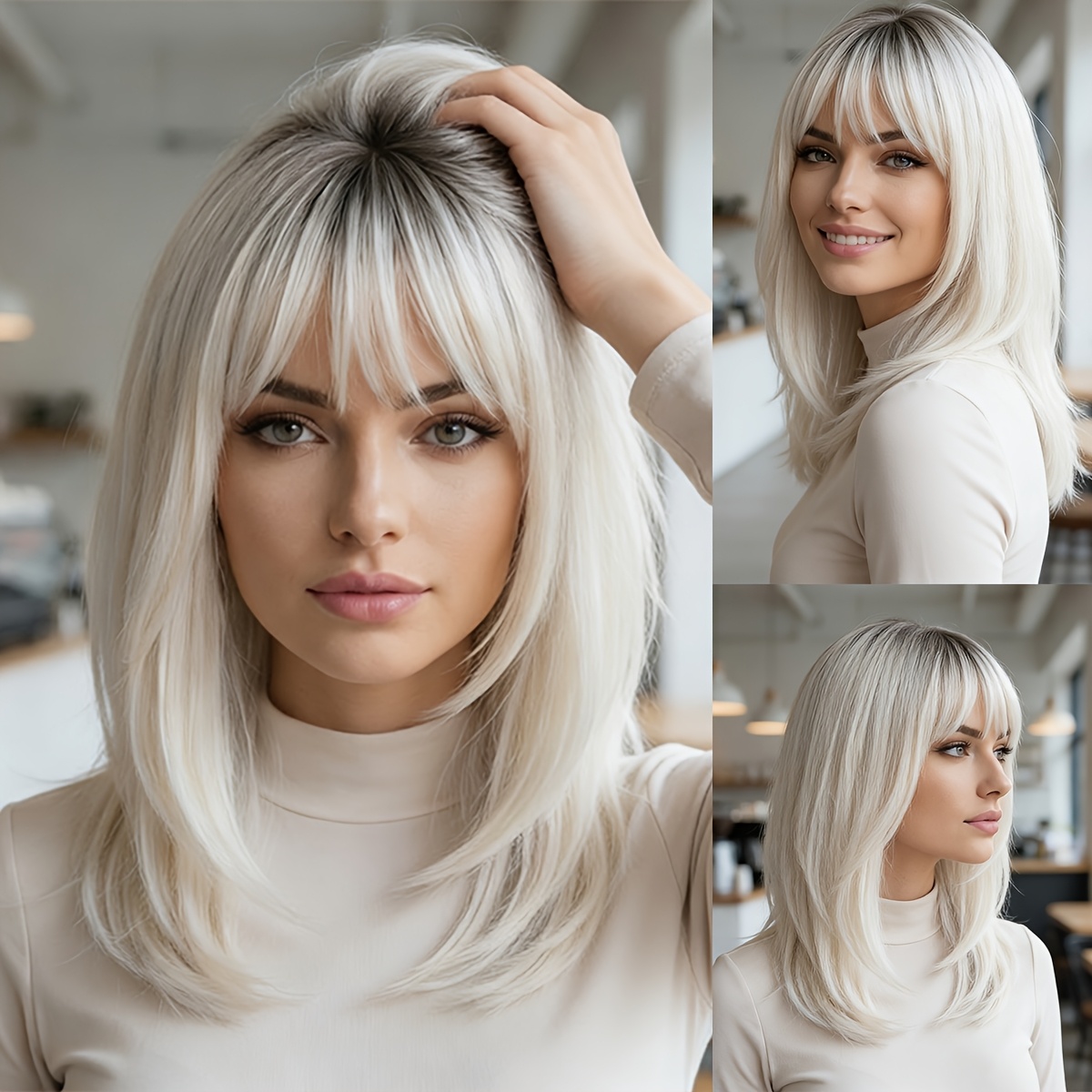 2026 New Fashionable Gradient Milky White Layered Straight Hair Wig - With Bangs, Parting To Face Shape, 18-inch Size Suitable For Wear, Carnival Parties, And Holiday Gatherings