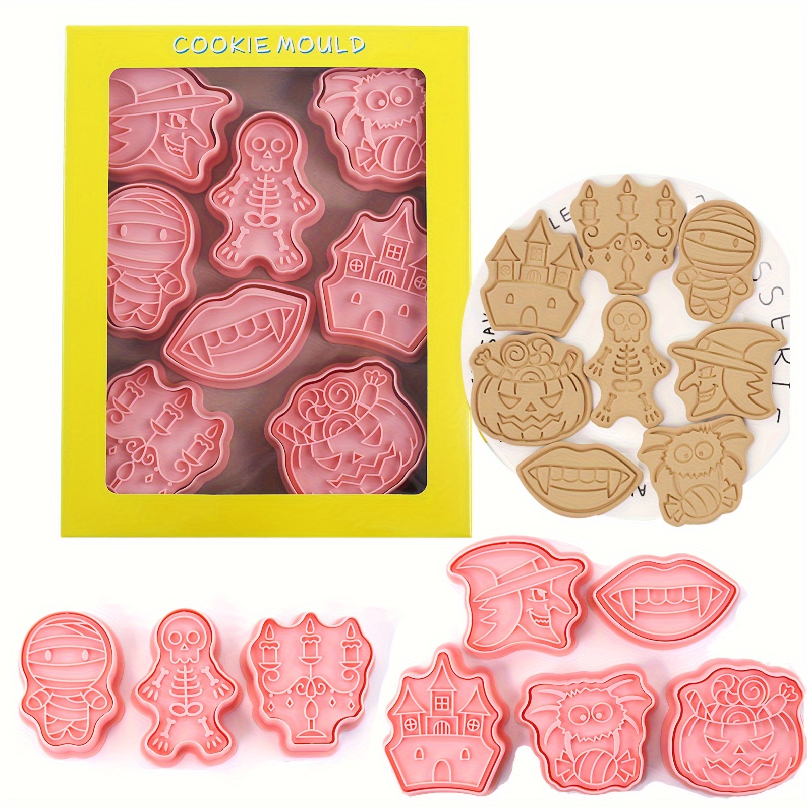 TEMU Set Of 8 Halloween Cookie Cutters - Pumpkin-shaped Cookie Cutters For Diy Baking, Confectionery Tools, Press Type, Kitchen, Children, Prizes,