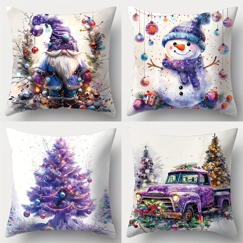 

4pcs New Purple Christmas Pillowcases, 17.72 * 17.72, Suitable For Sofas, , Bedrooms, , No