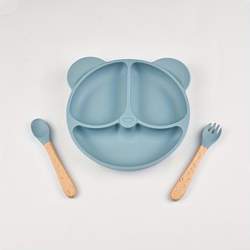 3pcs Baby Tableware Set 1 Year 2 Years 3 Years To 6 Years Toddler Silicone Dinner Plate Wooden Handle Small Fork And Spoon Children Learning To Eat Tools Mother's Day Thanksgiving Gift