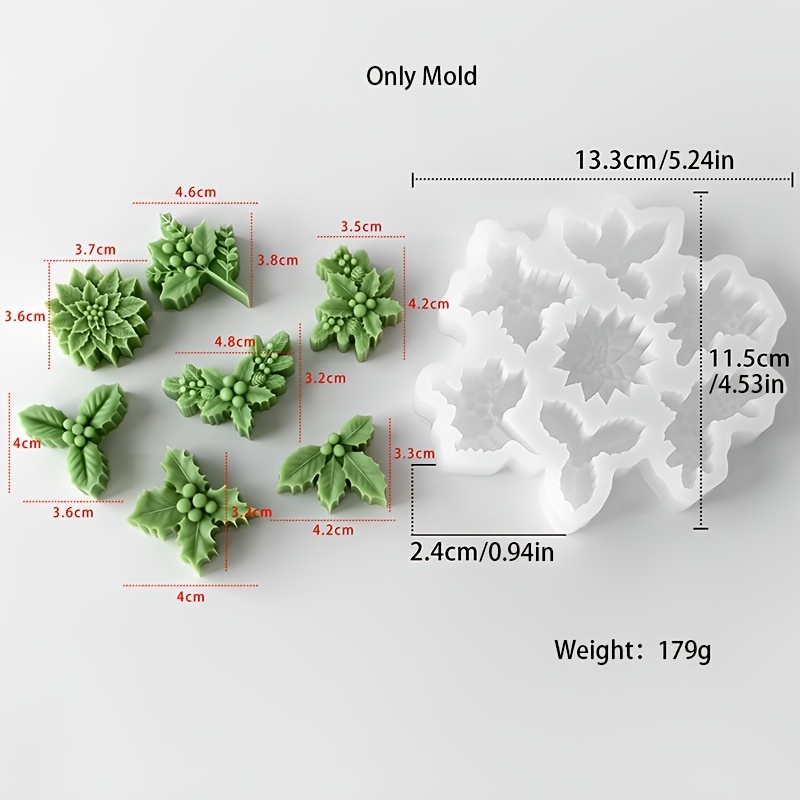 TEMU Moule en silicone à 7 cavités de feuilles de houx de Noël, cloches, feuilles de pin - Résine époxy, bougies, savons, et moules à plâtre pour