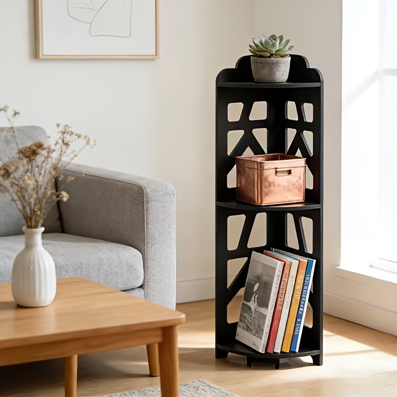 Multi-layered, Hollowed-out, Angled Storage Rack For Organizing Items In Bathrooms, Living Rooms, And Kitchens; Serves As A Triangular Shelf For Corner Storage., Standing Shelf