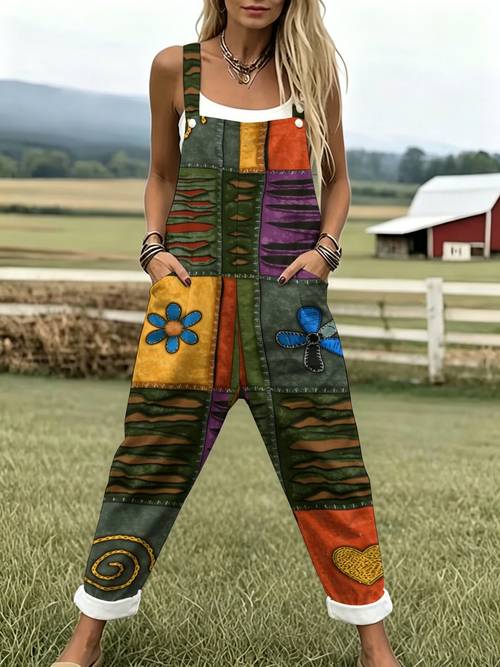 womens leisure overalls textile arts craft needlework art pattern fashion sleeveless button design with pockets suitable for vacation and daily wear loose fit