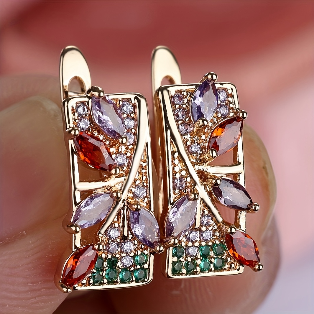 Image of 1 Pair Luxury Golden Color Flower Drop Earring Colorful Zirconia Earrings Fashion Bridal Wedding Jewelry