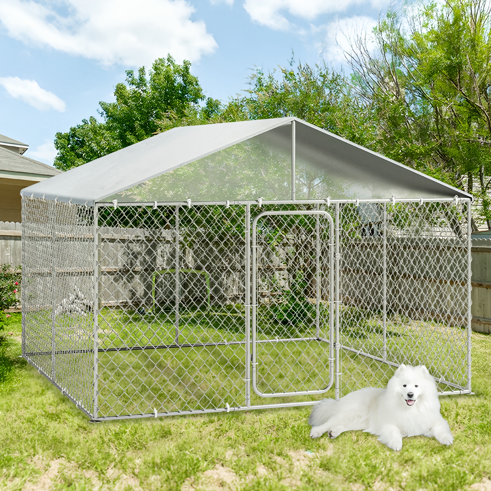 

Outdoor Dog Kennel, Large Dog Run Enclosure, Outside Heavy Duty Dog Pens House Pet Playpen With Galvanized Chain Link Waterproof Cover And Secure Lock (10 X 10 X 6ft)