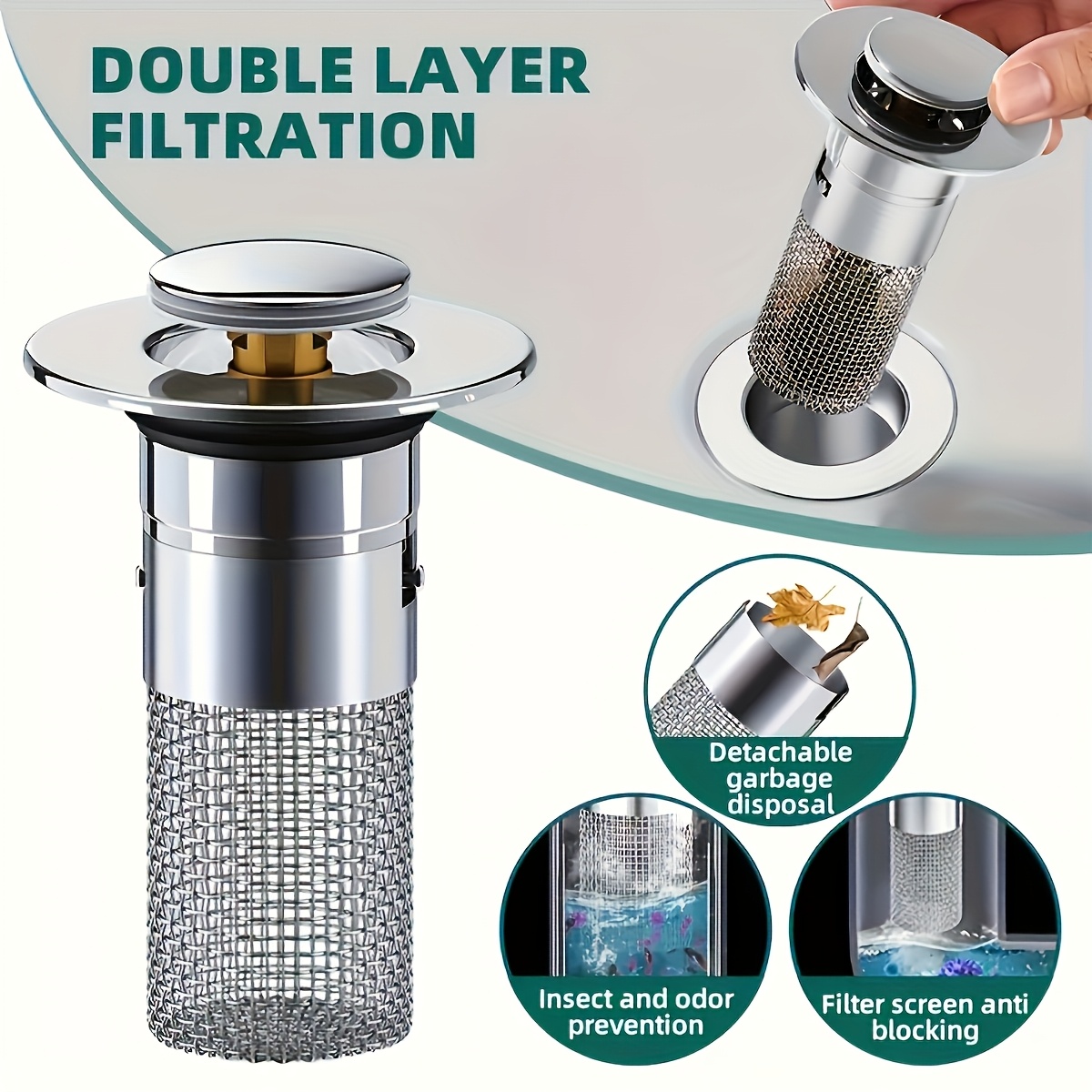 

1pc Universal Stainless Steel Basin Strainer With Spring , Abs Body, Detachable Basket, Double Layer Filtration, Insect & Odor Prevention For Bathroom And Balcony Washbasin