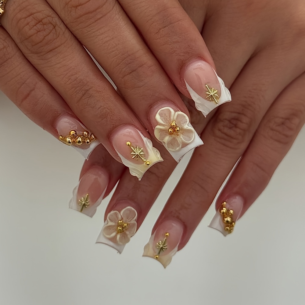 TEMU 24 stuks Korte Vierkante 3D Gel Nagelstickers met Parel Studs, Volledige Cover Y2K Nepnagels, Witte French Manicure, Verwijderbare Acryl Nagels,